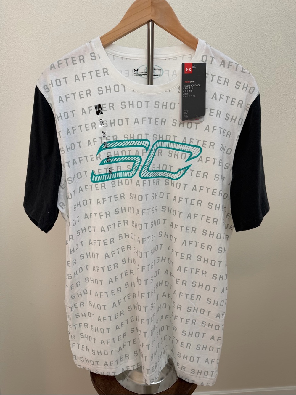 Under Armour White Tee with Black Sleeves and Teal Graphic